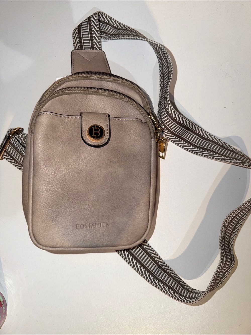Bostanten Taupe Crossbody Mini Sling Bag with Patterned Strap